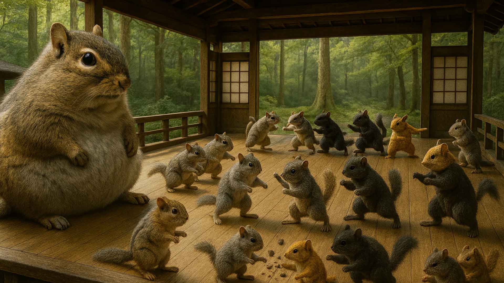 A very large chipmunk seated at the head of a wooden dojo hall while dozens of smaller chipmunks mill about the floor.
